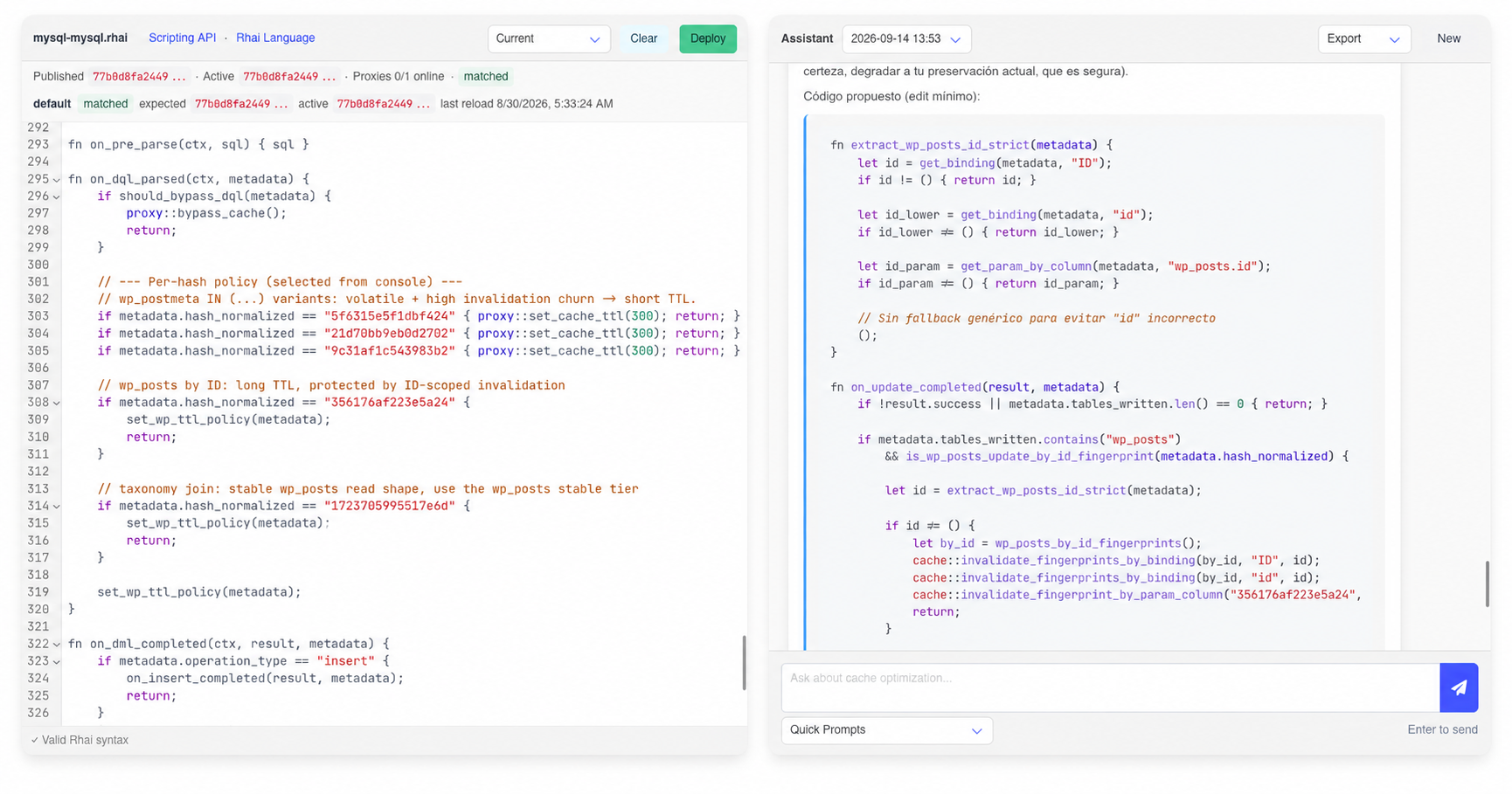 CacheDB optimization view showing an editable Rhai policy alongside a proposed optimization.